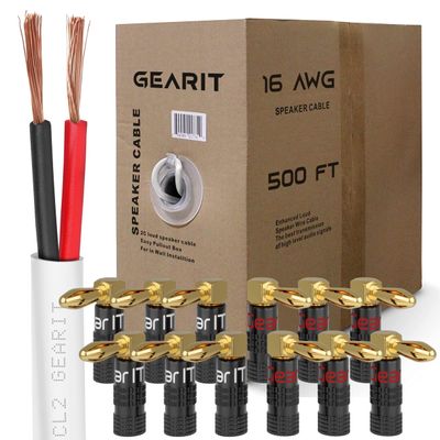 GEARit 500ft 16 AWG CL2 White Speaker Wire & 12 Rt Angle Banana