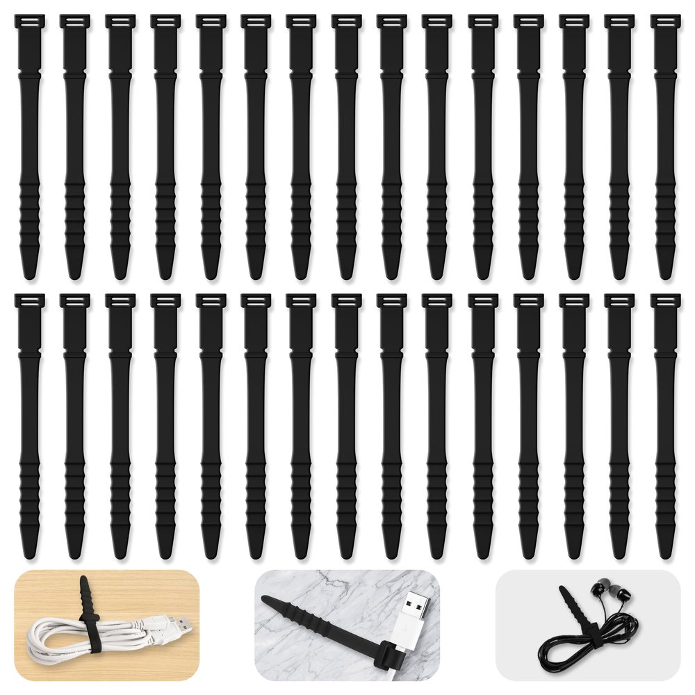 Silicone Zip Ties, 4.5" Reusable Zip Ties, 30pcs Rubber Cable Ties Straps for Wire Management, Elastic Cable Organizer for Home Office Table Desk Cord Ties(11.3cm, 30pcs, Black)