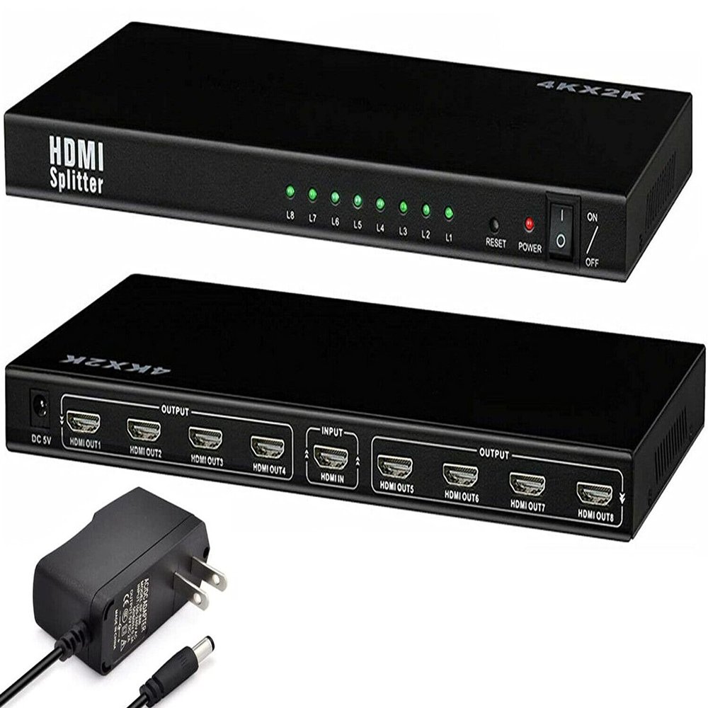 FDBV hdmi splitter 1 in 8 out 4K, 8 Port Powered HDMI Splitter Multi Monitor Outputs 3D for Projector, HDTV One in Eight Out Powered 8way HDMI Splitter Audio Video Distributor Amplifier with Charger