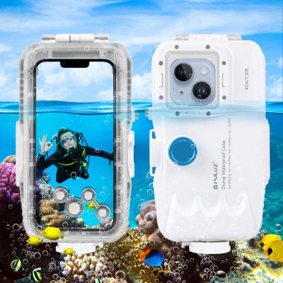 PULUZ Upgrade One-Way Valve Diving Case for iPhone 15 Pro / 14/14 Pro / 13/13 Pro / 12/12 Pro Waterproof Housing,40m/130ft Underwater Diving Case IP68 Waterproof Shockproof Dustproof White