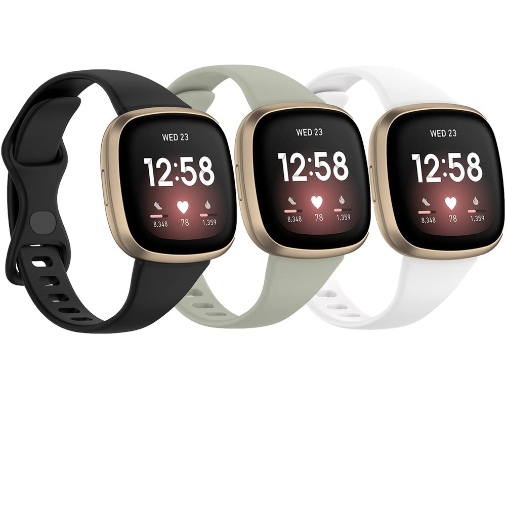 [3 PACK] Silicone Slim Band Compatible with Fitbit Versa 4 Bands Women Men, Soft Narrow Sport Strap Wristbands for Versa 4/Versa 3/Sense 2/Sense (Large, Black & Grey & White)