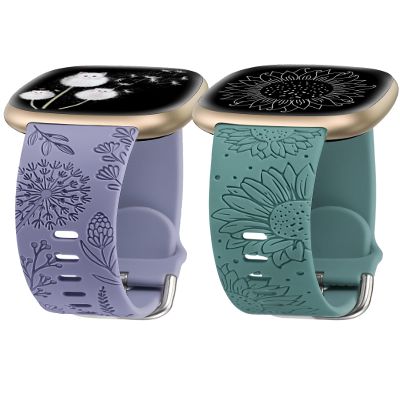 Minyee 2 Packs Floral Engraved Band Compatible with Fitbit Versa 4/Versa 3/Sense 2/Sense Band Women, Cute Silicone Dandelion Sunflower Design Soft Sport Fancy Summer Strap for Versa 4