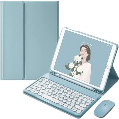 AnMengXinLing Galaxy Tab S8 Plus/S7 FE/S7 Plus 12.4 Case with Keyboard and Mouse Combo,Retro Round Keys Detachable Keyboard Case with S Pen Holder for Tab S7FE 2021/S7+ 2020/S8+ 2022 (Blue)