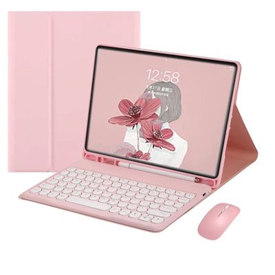 AnMengXinLing Galaxy Tab S8/Tab S7 11 Inch (Model SM-X700/X706/T870/T875/T878) Case with Keyboard and Mouse Combo, Retro Round Keys Detachable Bluetooth Keyboard Cover with S Pen Holder (Pink)