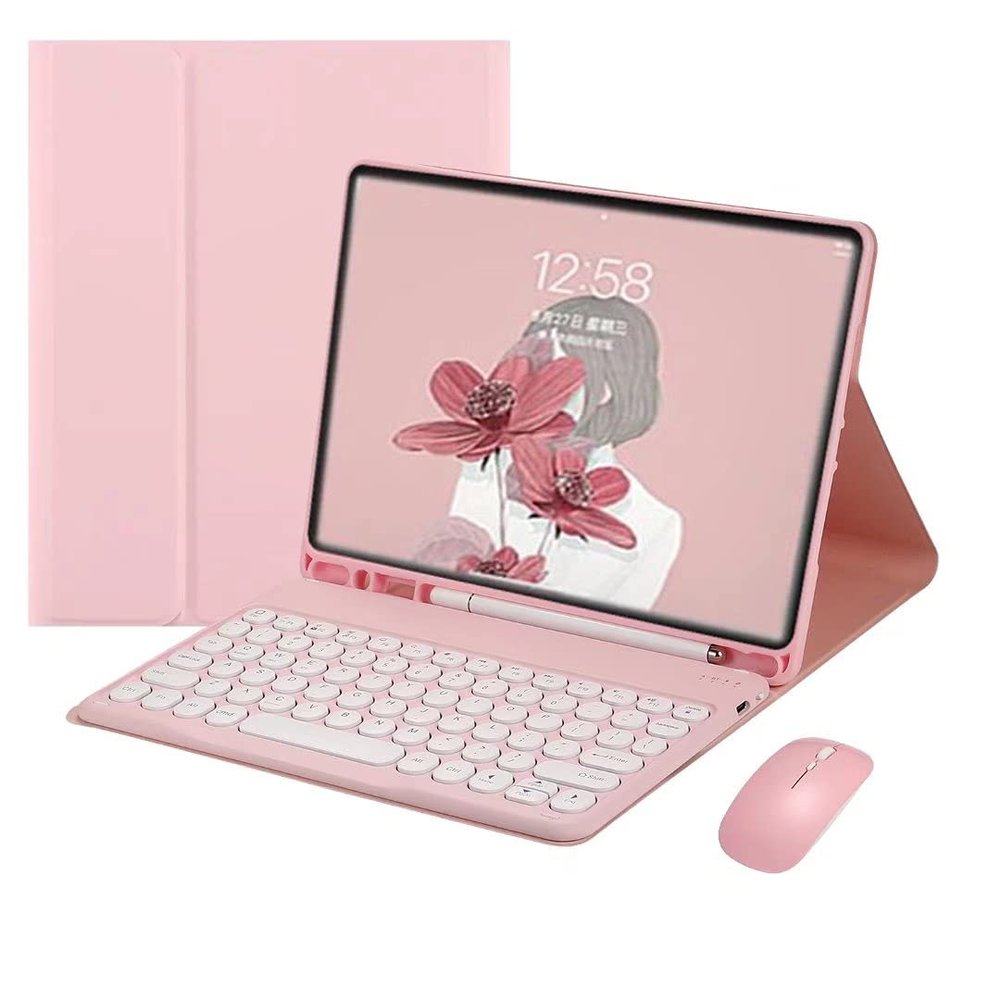 AnMengXinLing Galaxy Tab S8/Tab S7 11 Inch (Model SM-X700/X706/T870/T875/T878) Case with Keyboard and Mouse Combo, Retro Round Keys Detachable Bluetooth Keyboard Cover with S Pen Holder (Pink)