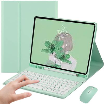 AnMengXinLing Galaxy Tab S8/Tab S7 11 Inch (Model SM-X700/X706/T870/T875/T878) Case with Keyboard and Mouse Combo, Retro Round Keys Detachable Bluetooth Keyboard Cover with S Pen Holder (Mint Green)