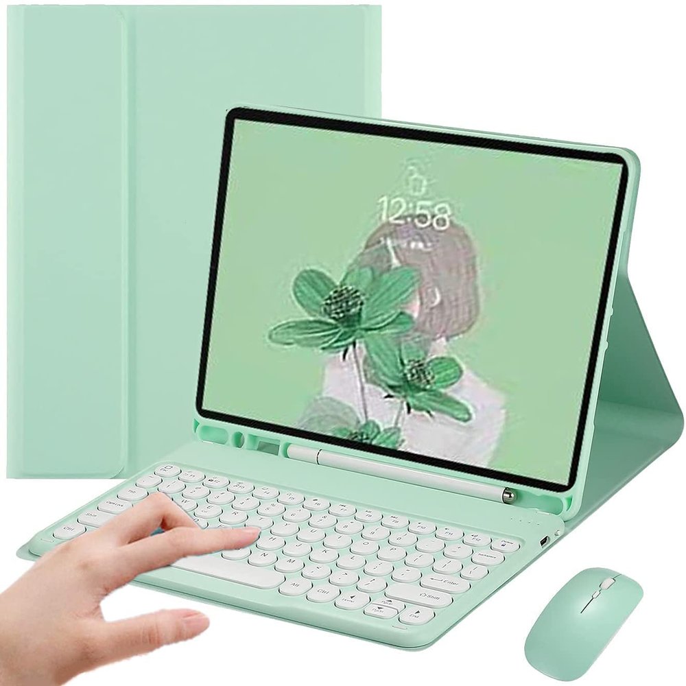 AnMengXinLing Galaxy Tab S8/Tab S7 11 Inch (Model SM-X700/X706/T870/T875/T878) Case with Keyboard and Mouse Combo, Retro Round Keys Detachable Bluetooth Keyboard Cover with S Pen Holder (Mint Green)