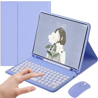 AnMengXinLing Galaxy Tab S8/Tab S7 11 Inch (Model SM-X700/X706/T870/T875/T878) Case with Keyboard and Mouse Combo, Retro Round Keys Detachable Bluetooth Keyboard Cover with S Pen Holder (Purple)