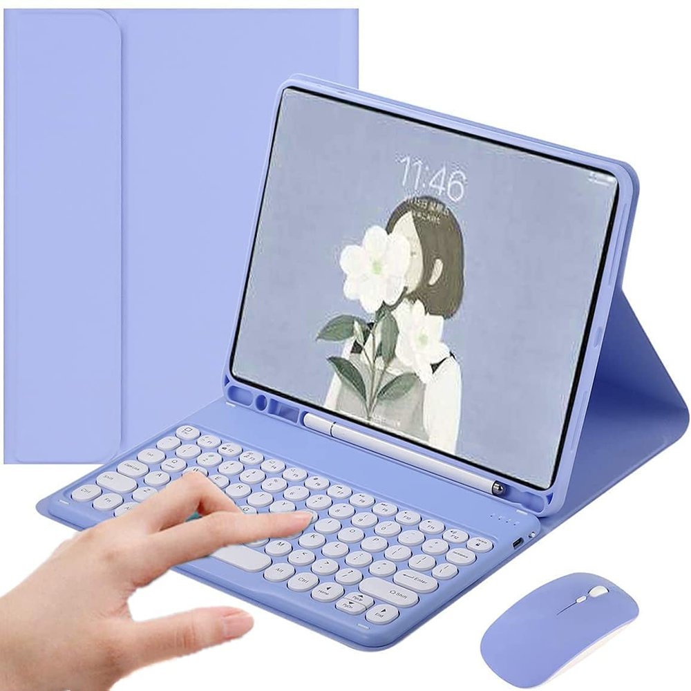 AnMengXinLing Galaxy Tab S8/Tab S7 11 Inch (Model SM-X700/X706/T870/T875/T878) Case with Keyboard and Mouse Combo, Retro Round Keys Detachable Bluetooth Keyboard Cover with S Pen Holder (Purple)