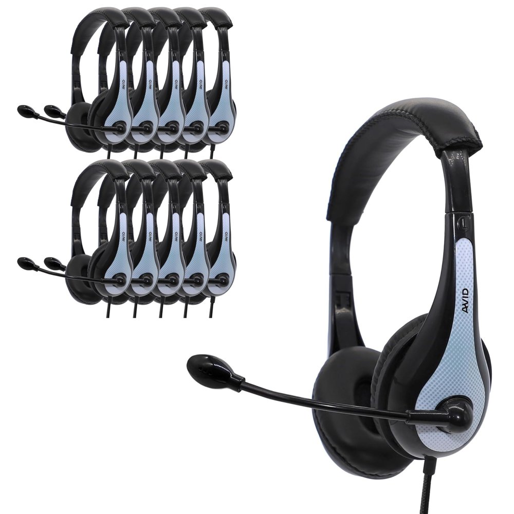 Avid Products AE-36 Headset in White with Adjustable Boom Microphone for School, Classroom, Education, Testing and Assessment (25 Pack)