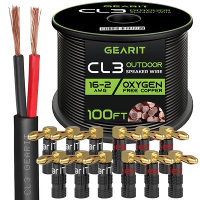GEARit 100ft 16 AWG CL3 Black Speaker Wire & 12 Rt Angle Banana
