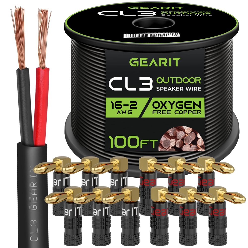 GEARit 100ft 16 AWG CL3 Black Speaker Wire & 12 Rt Angle Banana