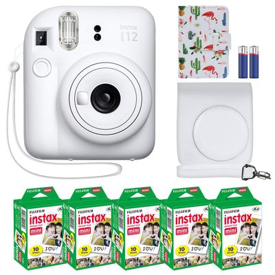 Fujifilm Instax Mini 12 Instant Camera + MiniMate Accessory Bundle & Compatible Custom Case + Fuji Instax Film Value Pack (50 Sheets) Flamingo Designer Photo Album (Clay White)