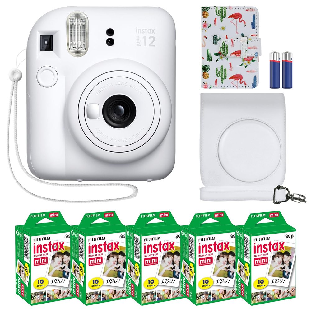 Fujifilm Instax Mini 12 Instant Camera + MiniMate Accessory Bundle & Compatible Custom Case + Fuji Instax Film Value Pack (50 Sheets) Flamingo Designer Photo Album (Clay White)