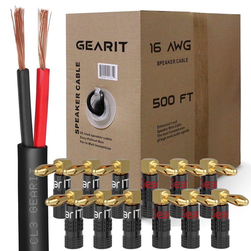 GEARit 500ft 16 AWG CL3 Black Speaker Wire & 12 Rt Angle Banana