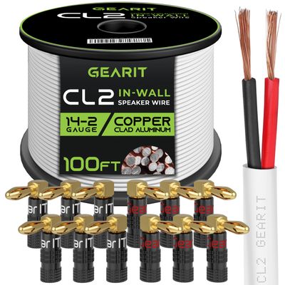 GearIT 100ft 14ga CL2 Speaker Wire & 12 Rt Angle Banana
