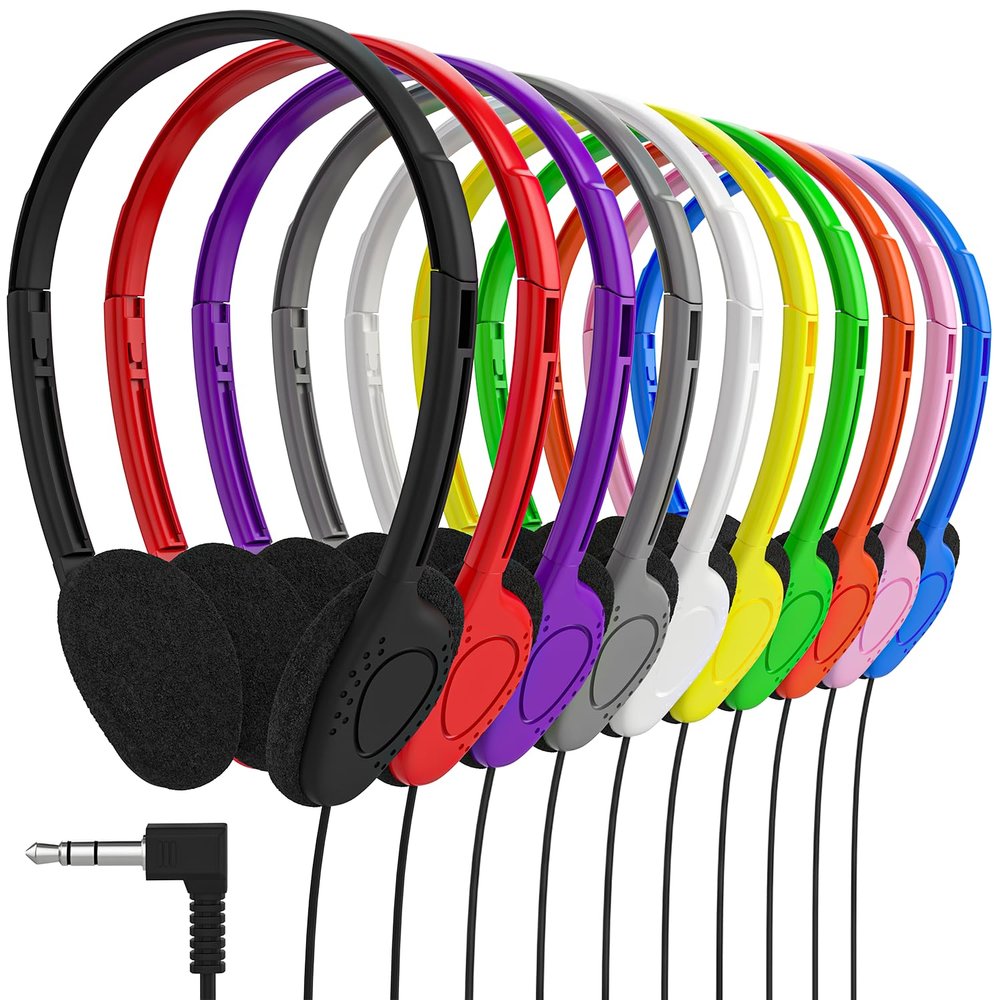 Maeline Bulk Classroom Student Headphones On Ear Stereo Headphones Flexible Adjustable Band for Kids Online Learning, Library, School, Airplane, Travel - 3.5mm Plug - 200 Pack - Multi