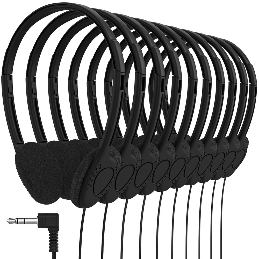 Maeline Bulk Classroom Student Headphones On Ear Stereo Headphones Flexible Adjustable Band for Kids Online Learning, Library, School, Airplane, Travel - 3.5mm Plug - 40 Pack - Black