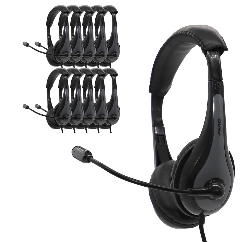 Avid Products AE-39 USB Headset in Gray with Adjustable Boom Microphone for School, Classroom, Education, Testing and Assessment (25 Pack)