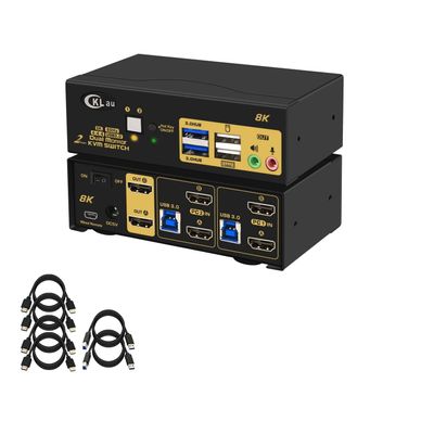 CKLau 2 Port 8K60Hz 4K144Hz Dual Monitor KVM Switch HDMI with Cables, Audio, Microphone, 2 pcs USB 3.0 Peripheral Hub for Keyboard Mouse 2 Computers Sharing 2 Monitors