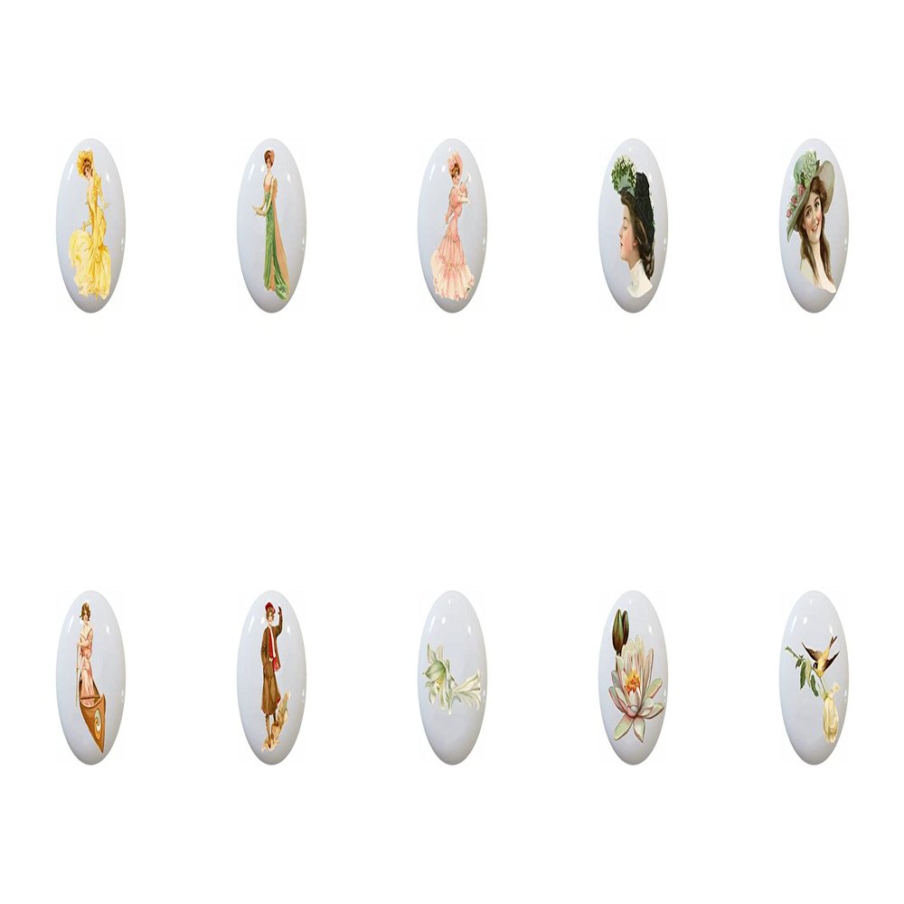 1907 Beauties by TGF Old-Fashioned Women in Dresses Water Lilies Rose Bird Decorative Ceramic Dresser Drawer Pulls Cabinet Cupboard Knobs (Complete Set of All 10)