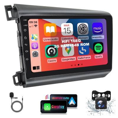 HiFi 16EQ 2G 64G Car Stereo for Honda Civic 2012-2015 Radio with Wireless CarPlay/Android Auto,AHD&IP69K Backup Camera,9inch 1080P HD IPS Touch Screen Bluetooth MirrorLink RDS FM GPS WiFi SWC