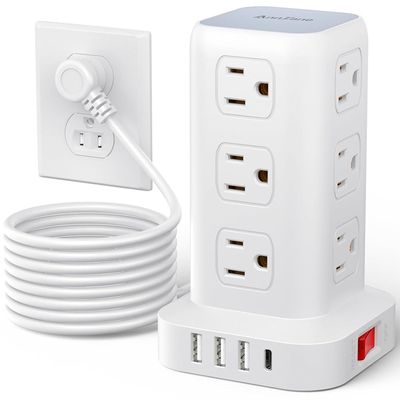 AnnTane Surge Protector Power Strip 10 FT Cord, Power Strip Tower with 4 USB Ports (1USB C), Extension Cord with 12 AC Multiple Outlets, Home Office Supplies Desk Accessories, Dorm Room Essentials