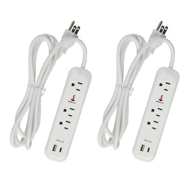 Power Strip Surge Protector Wall Mountable 2 Pack with 3 Metal Power Outlets USB A+C Port 6 Feet Extension Heavy Duty 18AWG Power Cord 10A/125V/60HZ/1250W for Home Office ETL Listed - White
