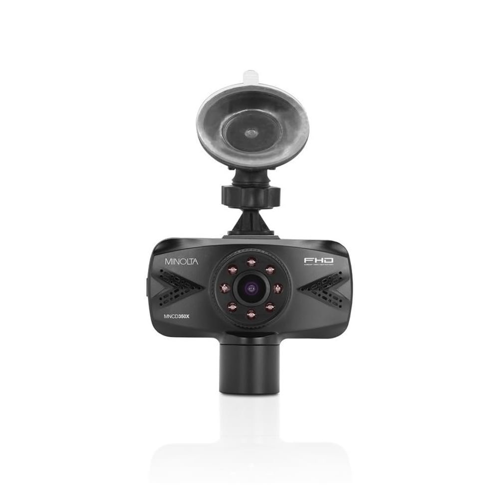 Minolta 2-Channel 1080p Dash Cam with Interior Camera - Night Vision, G-Sensor, Loop Recording, Motion Detection, 2.7 LCD Screen, 120 Wide Lens, USB Power, Dual View, 16GB Card, Compact (Black)