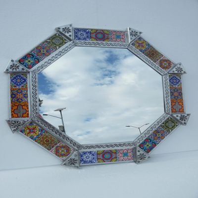 20" PUNCHED TIN MIRROR octagonal mixed talavera tiles mexican folk art
