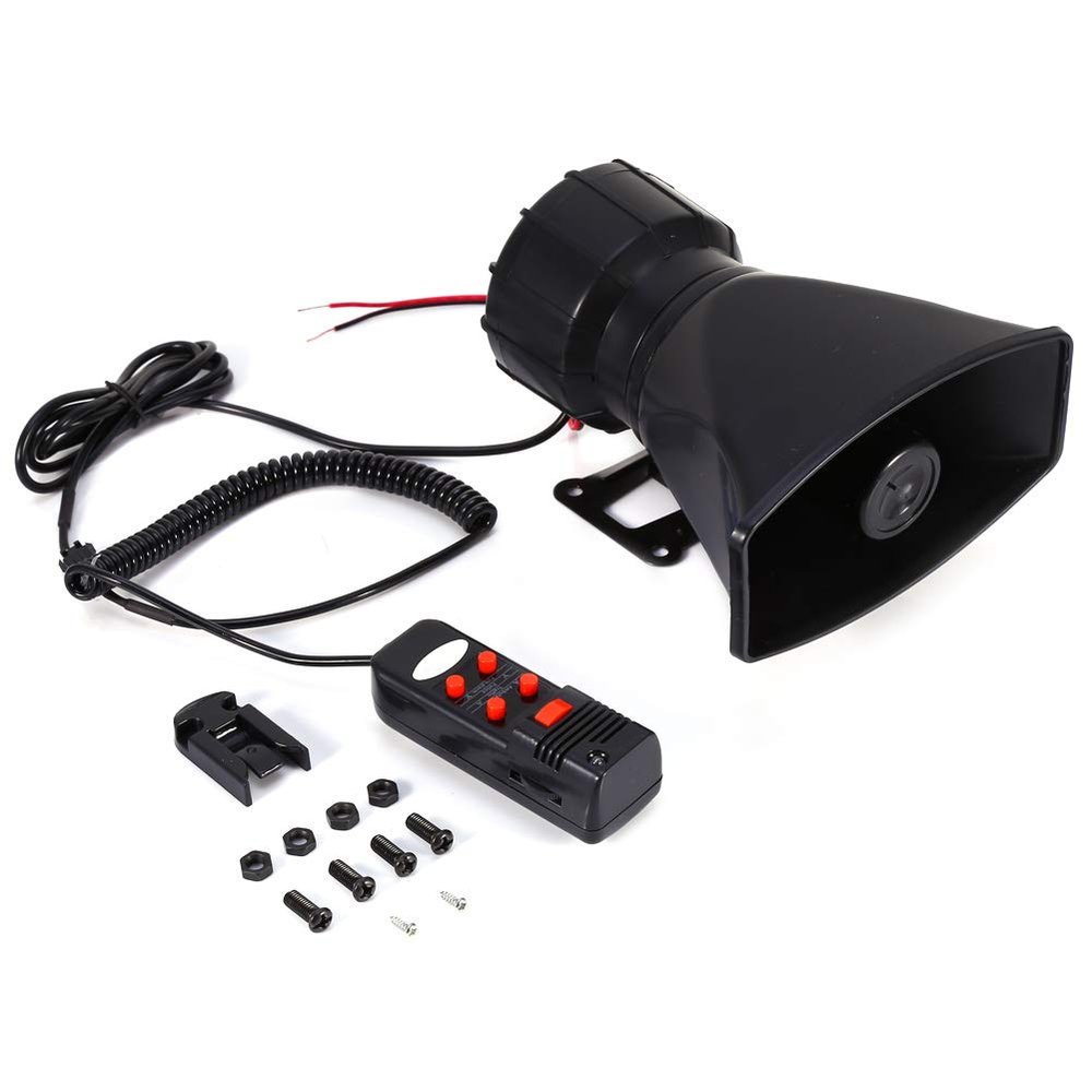 Black Car Siren Horn, 60W 5 Sound Tone 300db Megaphone Air Plastic and Mental Horn Siren with PA System MIC Speaker Vehicle Siren Sound Horn Fit for Fire Ambulance Hooter, 12V