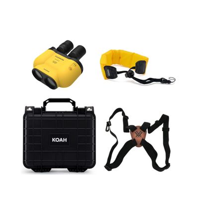 Fujifilm TS-X 1440 Techno Stabi Binoculars with Softcase with Electronic Gyro Sensor (Yellow) Bundle with Weatherproof Hard Case, and Floating Camera Strap (Yellow), and Harness Strap (4 Items)