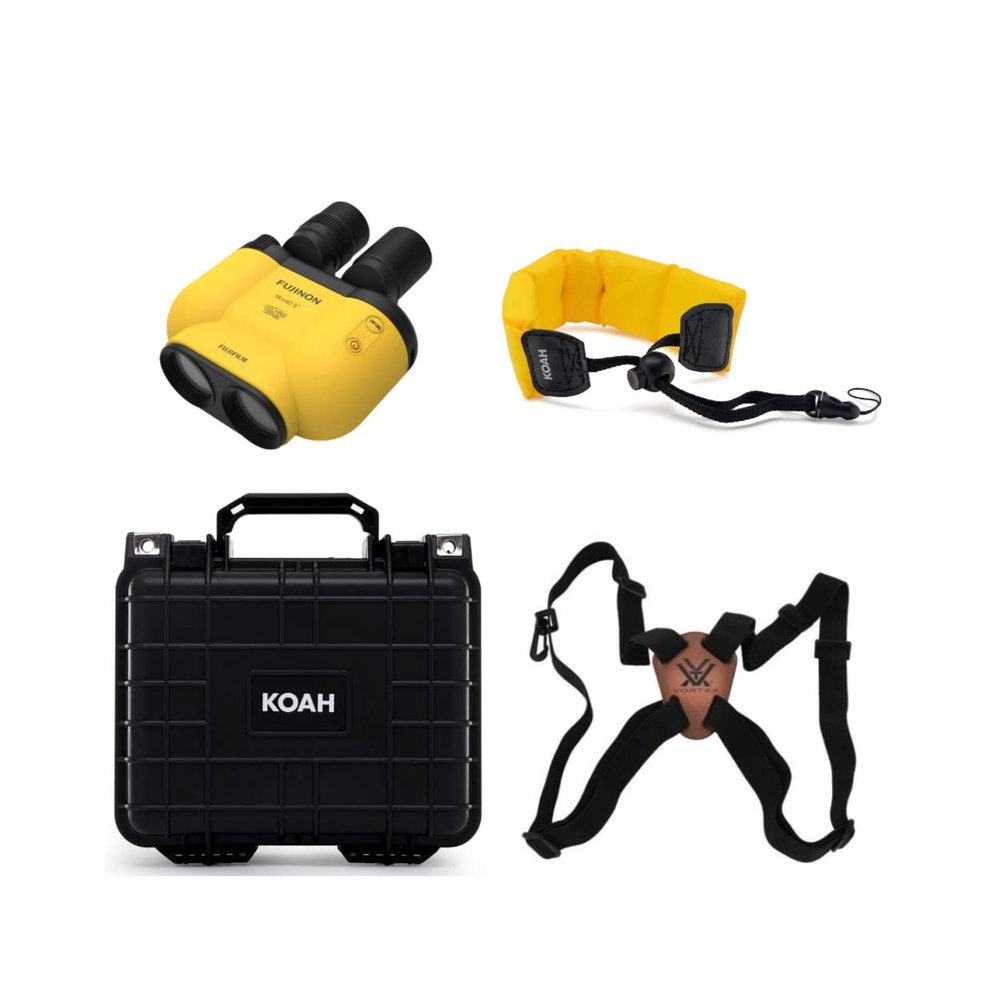 Fujifilm TS-X 1440 Techno Stabi Binoculars with Softcase with Electronic Gyro Sensor (Yellow) Bundle with Weatherproof Hard Case, and Floating Camera Strap (Yellow), and Harness Strap (4 Items)
