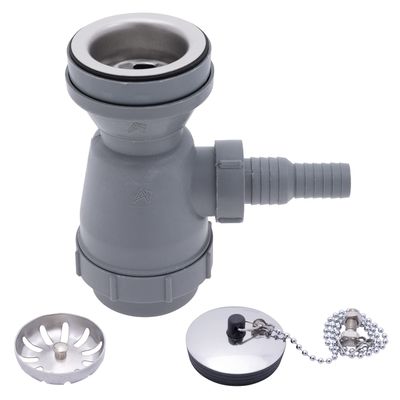Ambassador Marine - 2 inch Drain, Trap Sink Drain, 3/4 inch & 1 inch Hose Barb, w/Strainer, w/Chain Stopper - Ultra-Mirror Finish - S00-1108-UP-W