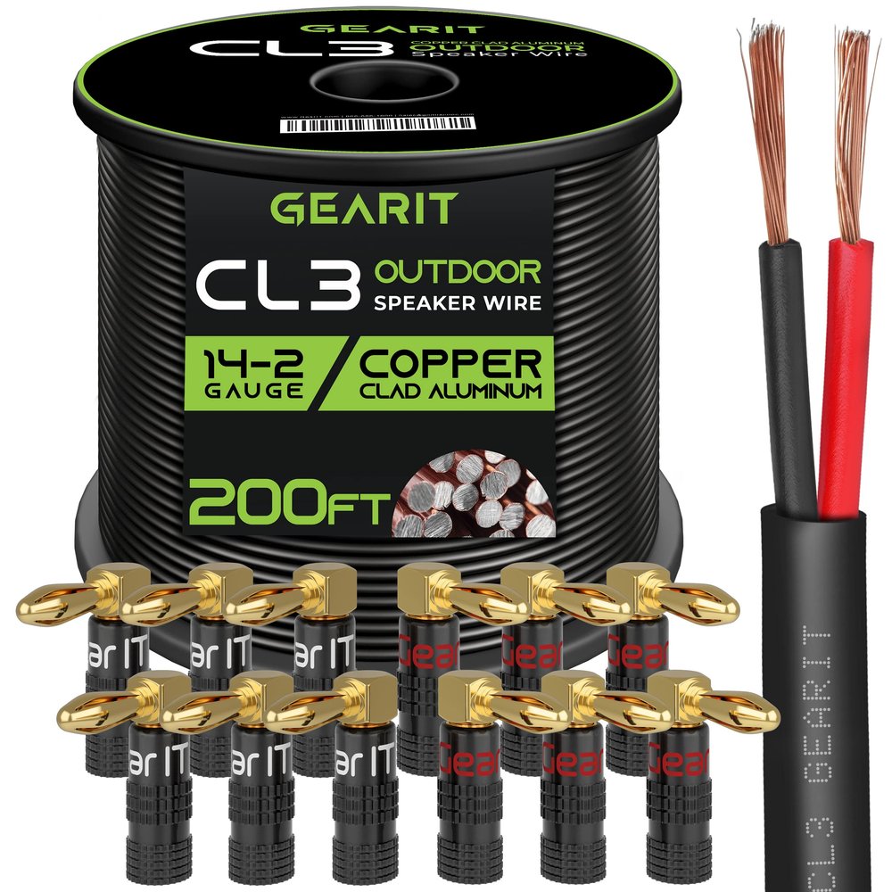GearIT 200ft 14ga CL3 Speaker Wire & 12 Rt Angle Banana