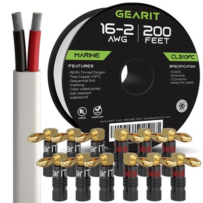 200ft 16 AWG CL3 Marine Wire & 12 Rt Angle Banana