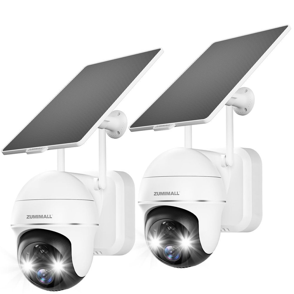 ZUMIMALL Security Cameras Wireless Outdoor - 2 Packs, 360View Outdoor Camera Wireless Solar Powered,2.4G WiFi, Spotlight/Siren//3MP Color Night Vision/AI Detection/IP66/Cloud/Alert, Work with Alexa