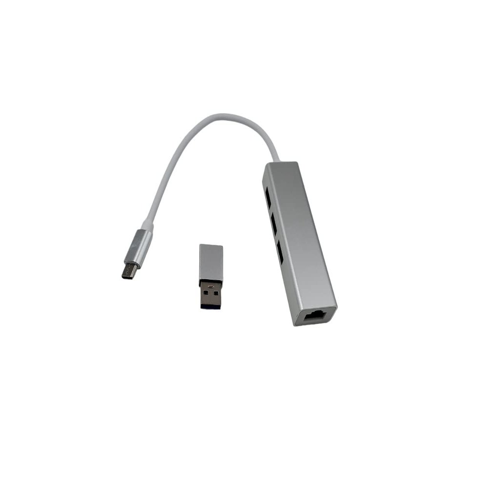 CompuCablePlusUSA.com Best 4 in 1 Hub, USB-C Male to 1 Female RJ45 Gigabit Ethernet LAN Network Adapter, 3 Female Ports USB 3.0 + 1 Piece Adapter of Type C Female to Type A Male (Ethernet & USB)