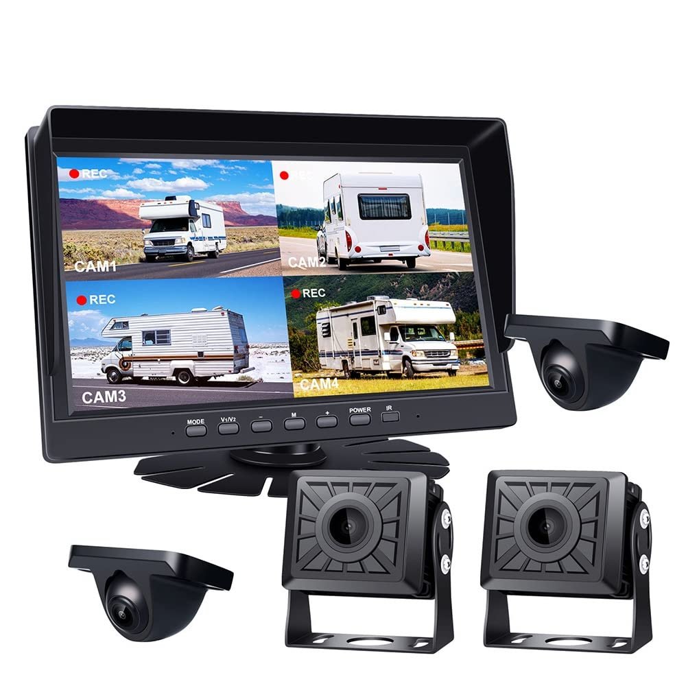 10.1in Wired Backup Camera System, 4 Channel 1080P Camera, Support Split/Quard Screen, IR Night Vision, Avoid Blind Spot, IP68 Waterproof