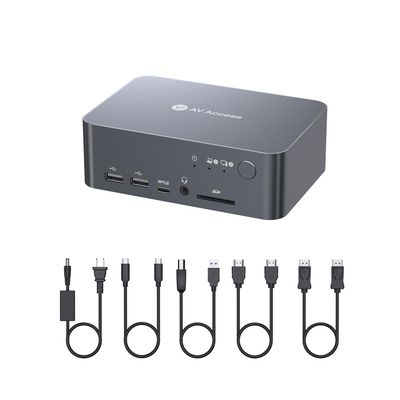 AV Access Docking Station Dual Monitor, KVM Switch 2 Monitors 2 Computers (Laptop & Desktop), USB-C Charge & Ethernet for Laptop, EDID, 4K@60Hz Dual HDMI Output, 120W Power Adapter, 5xUSB, Audio, SD