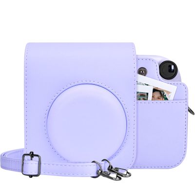 MUZIRI KINOKOO Protective Case for Instax Mini 12 Instant Camera - PU Leather Mini 12 Camera Carrying Bag with Photo Pocket & Adjustable Shoulder Strap - Lilac Purple