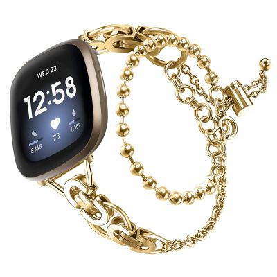 Compatible with Fitbit Versa 4Versa 3 Bands Women, Adjustable Stainless steel metal double circle bead chain bracelet Bands Compatible with Fitbit Sense 2Sense 1 (versa3/sense, Gold)