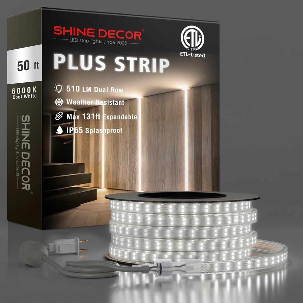 Shine Decor Plus LED Strip Lights AC 120V, Connectable Double Row Bright Rope Light, ETL IP65 Waterproof & Weather-Resistant for Accent Lighting, 7x17mm, 6000K Cool White, 50FT