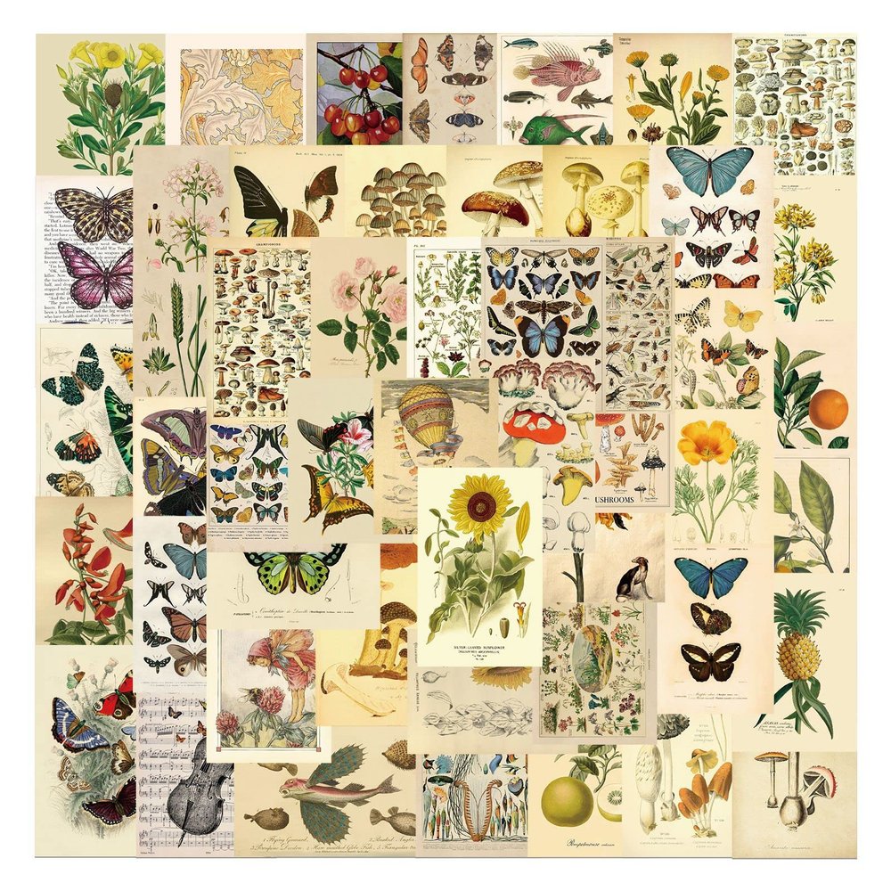 Vintage Plant Stickers 50Pcs Cute Vegetation Flower Stickers for Laptop Skateboard Water Bottle Notebook Cars Phone Luggage Guitar,Waterproof Retro Decal for Teens Giri