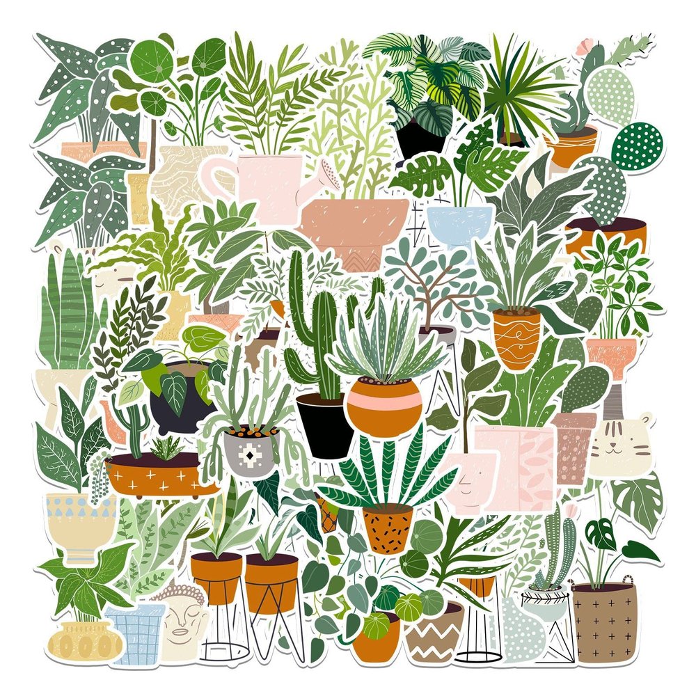 Green Plants 44 Pcs Cute Waterproof Potted Stickers for Water Bottle, Laptop, Skateboard, Scrapbook, Cars, Computer, Phone, Notebook, Guitar - Vinyl Trendy Aesthetic for Teens, Girls, Adult
