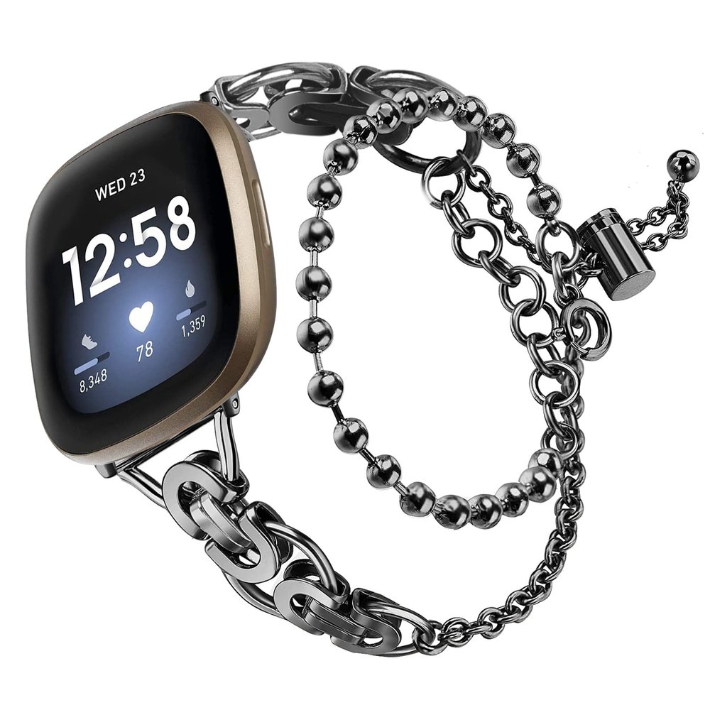 Compatible with Fitbit Versa 4Versa 3 Bands Women, Adjustable Stainless steel metal double circle bead chain bracelet Bands Compatible with Fitbit Sense 2Sense 1 (versa4/sense2, Black)