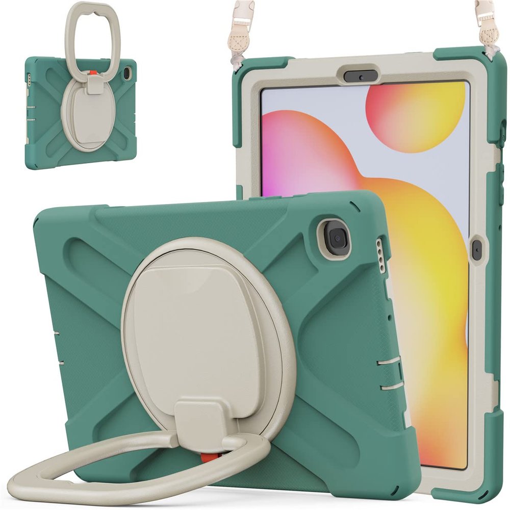 360 Rotation Case for Samsung Galaxy Tab S6 Lite 10.4" Sturdy Cover Rotate Ring Stand Shoulder Carrying Strap Hand Strap Rugged Children Adults Outdoor Case (DarkGreen)