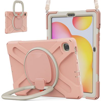 360 Rotation Case for Samsung Galaxy Tab S6 Lite 10.4" Sturdy Cover Rotate Ring Stand Shoulder Carrying Strap Hand Strap Rugged Children Adults Outdoor Case (Pink)
