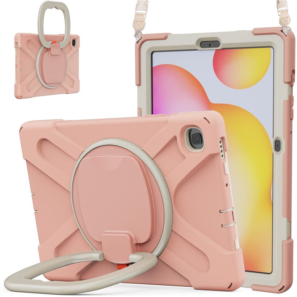 360 Rotation Case for Samsung Galaxy Tab S6 Lite 10.4" Sturdy Cover Rotate Ring Stand Shoulder Carrying Strap Hand Strap Rugged Children Adults Outdoor Case (Pink)