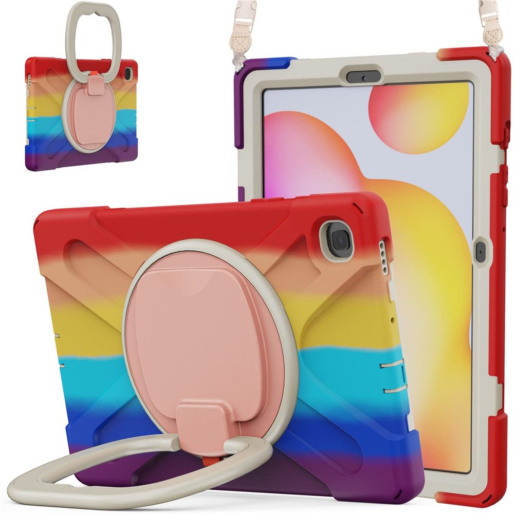 360 Rotation Case for Samsung Galaxy Tab S6 Lite 10.4" Sturdy Cover Rotate Ring Stand Shoulder Carrying Strap Hand Strap Rugged Children Adults Outdoor Case (Colourful Red)